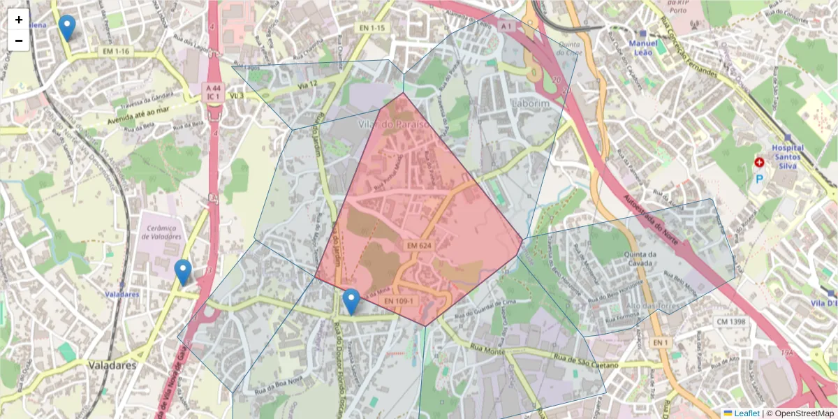 Mapa detalhado do código postal 4405-870 com limites, códigos postais vizinhos e agências dos correios