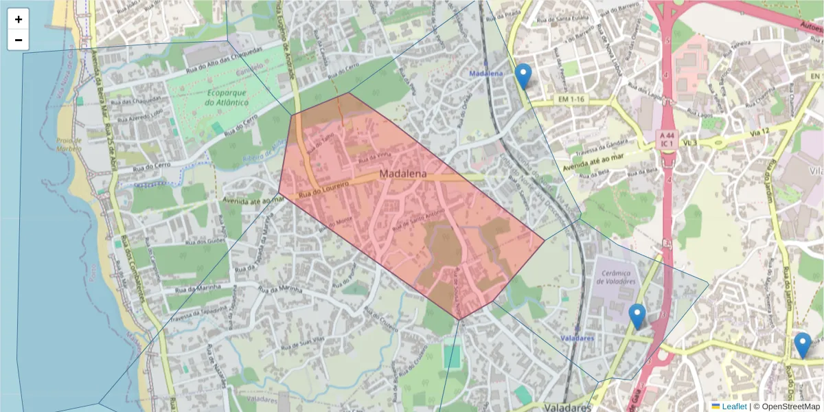 Mapa detalhado do código postal 4405 com limites, códigos postais vizinhos e agências dos correios