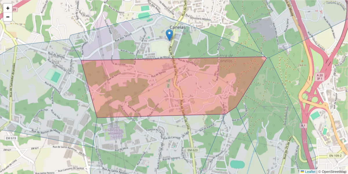 Mapa detalhado do código postal 4410-228 com limites, códigos postais vizinhos e agências dos correios