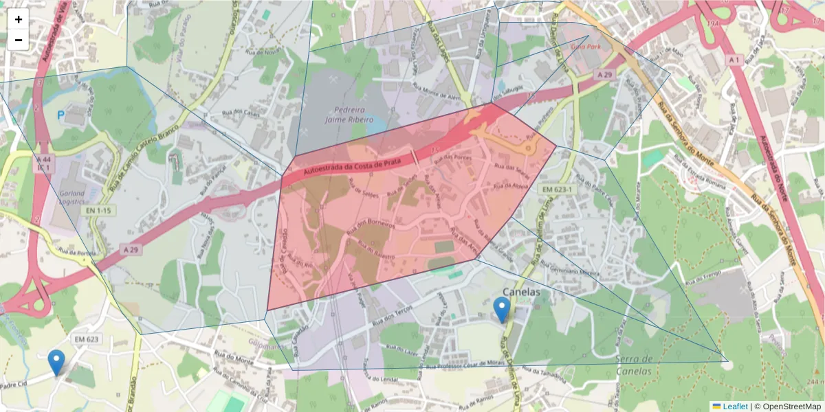 Mapa detalhado do código postal 4410-303 com limites, códigos postais vizinhos e agências dos correios