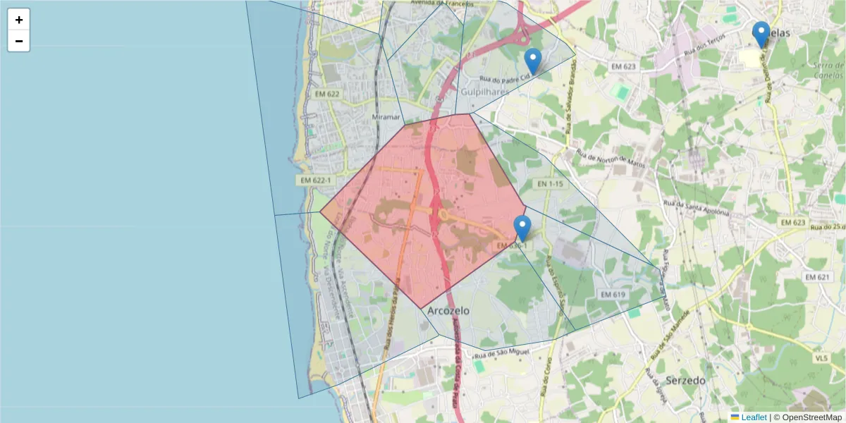 Mapa detalhado do código postal 4410-406 com limites, códigos postais vizinhos e agências dos correios