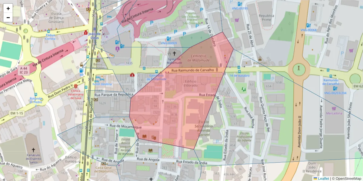 Mapa detalhado do código postal 4410-876 com limites, códigos postais vizinhos e agências dos correios