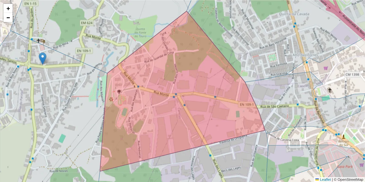Mapa detalhado do código postal 4414-007 com limites, códigos postais vizinhos e agências dos correios
