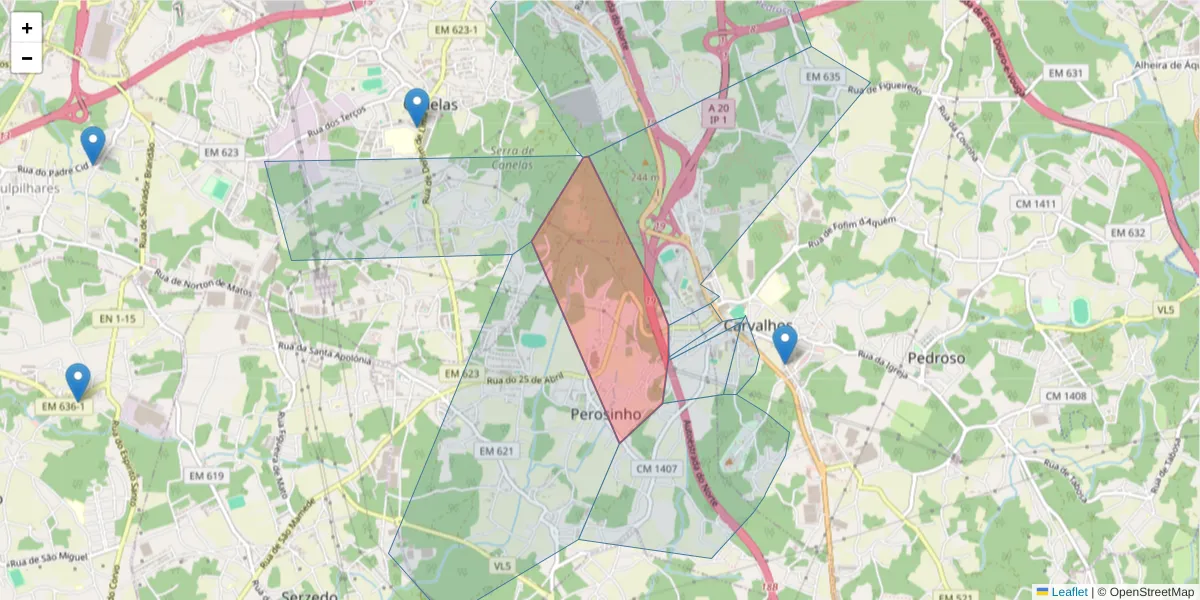 Mapa detalhado do código postal 4415-079 com limites, códigos postais vizinhos e agências dos correios