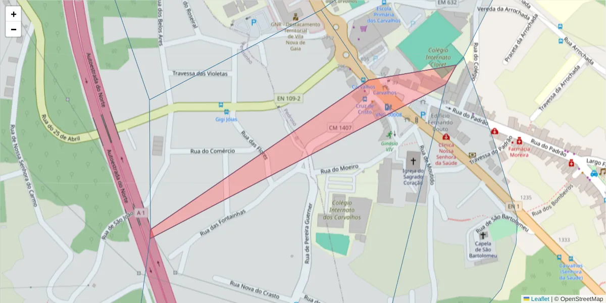 Mapa detalhado do código postal 4415-132 com limites, códigos postais vizinhos e agências dos correios