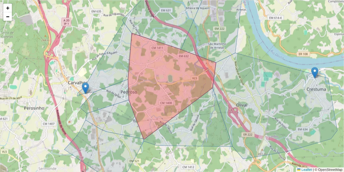 Mapa detalhado do código postal 4415-214 com limites, códigos postais vizinhos e agências dos correios