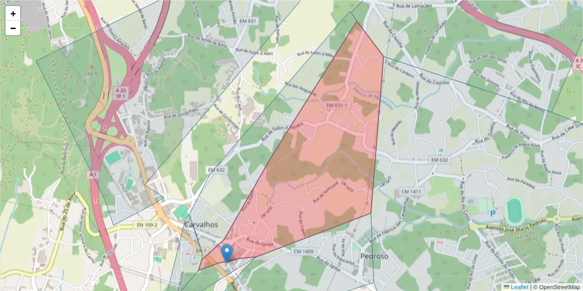 Mapa detalhado do código postal 4415-240 com limites, códigos postais vizinhos e agências dos correios