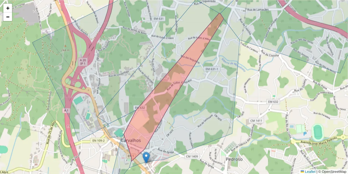 Mapa detalhado do código postal 4415-284 com limites, códigos postais vizinhos e agências dos correios