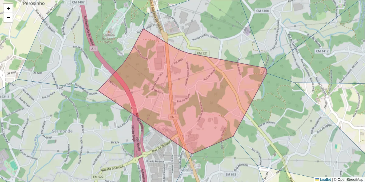 Mapa detalhado do código postal 4415-307 com limites, códigos postais vizinhos e agências dos correios