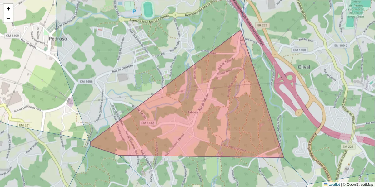 Mapa detalhado do código postal 4415-357 com limites, códigos postais vizinhos e agências dos correios