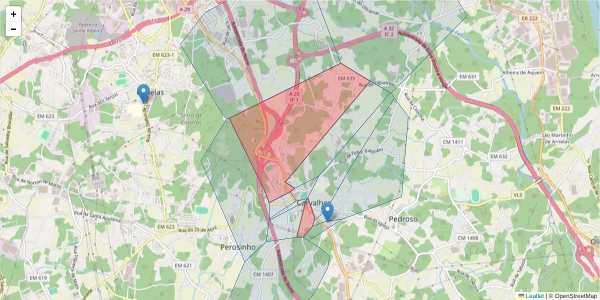 Mapa detalhado do código postal 4415-380 com limites, códigos postais vizinhos e agências dos correios
