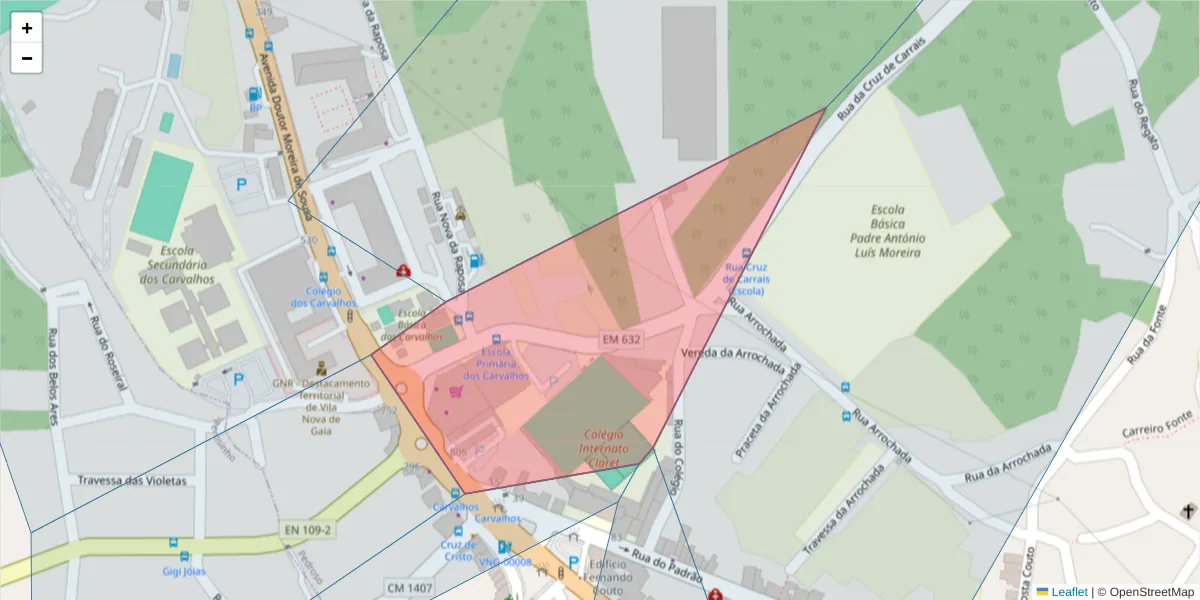 Mapa detalhado do código postal 4415-384 com limites, códigos postais vizinhos e agências dos correios