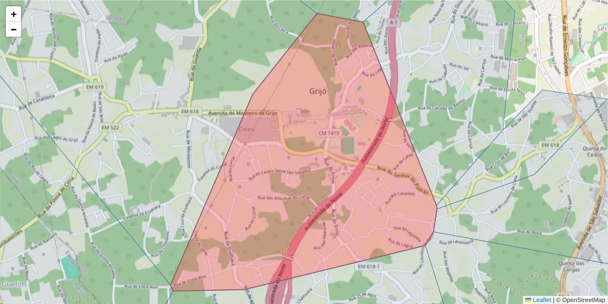 Mapa detalhado do código postal 4415-434 com limites, códigos postais vizinhos e agências dos correios