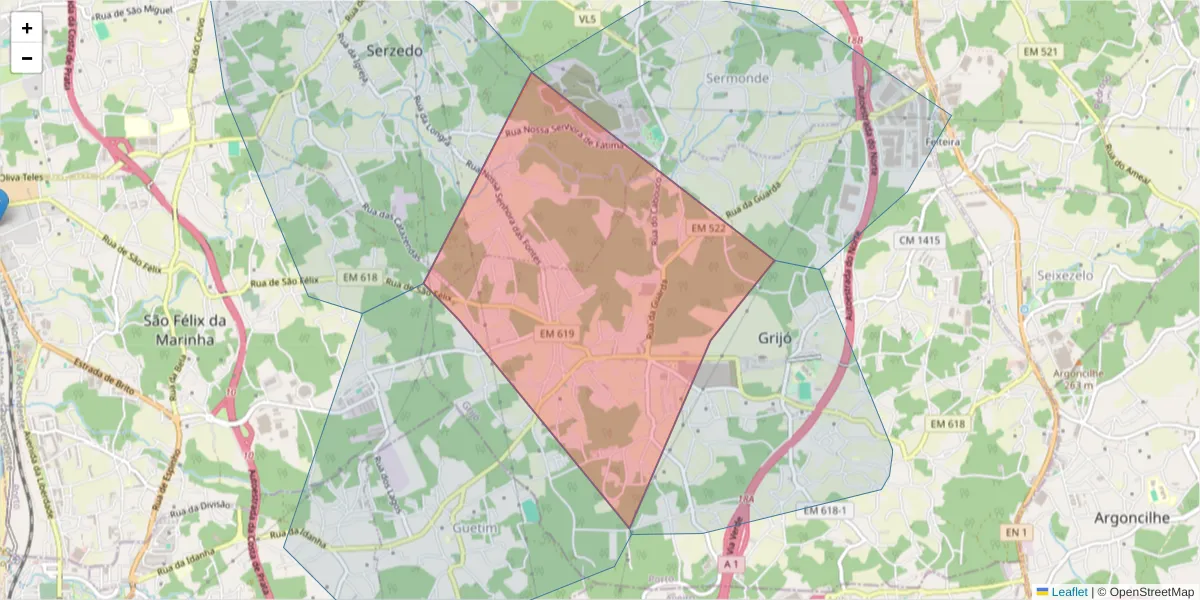 Mapa detalhado do código postal 4415-475 com limites, códigos postais vizinhos e agências dos correios
