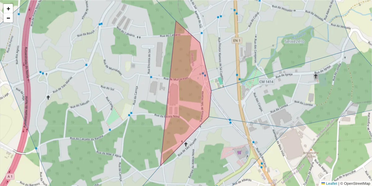 Mapa detalhado do código postal 4415-490 com limites, códigos postais vizinhos e agências dos correios