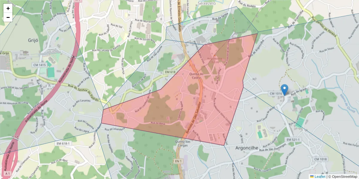 Mapa detalhado do código postal 4415-557 com limites, códigos postais vizinhos e agências dos correios