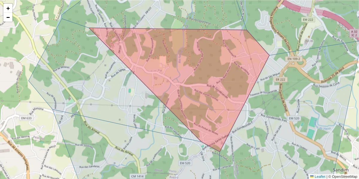 Mapa detalhado do código postal 4415-706 com limites, códigos postais vizinhos e agências dos correios