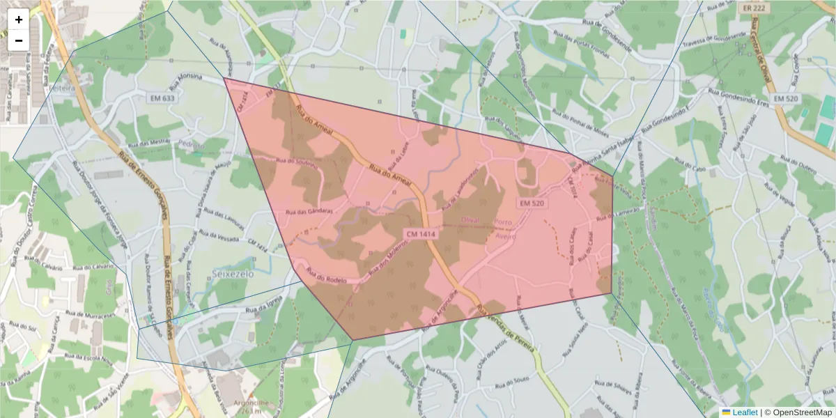 Mapa detalhado do código postal 4415-725 com limites, códigos postais vizinhos e agências dos correios