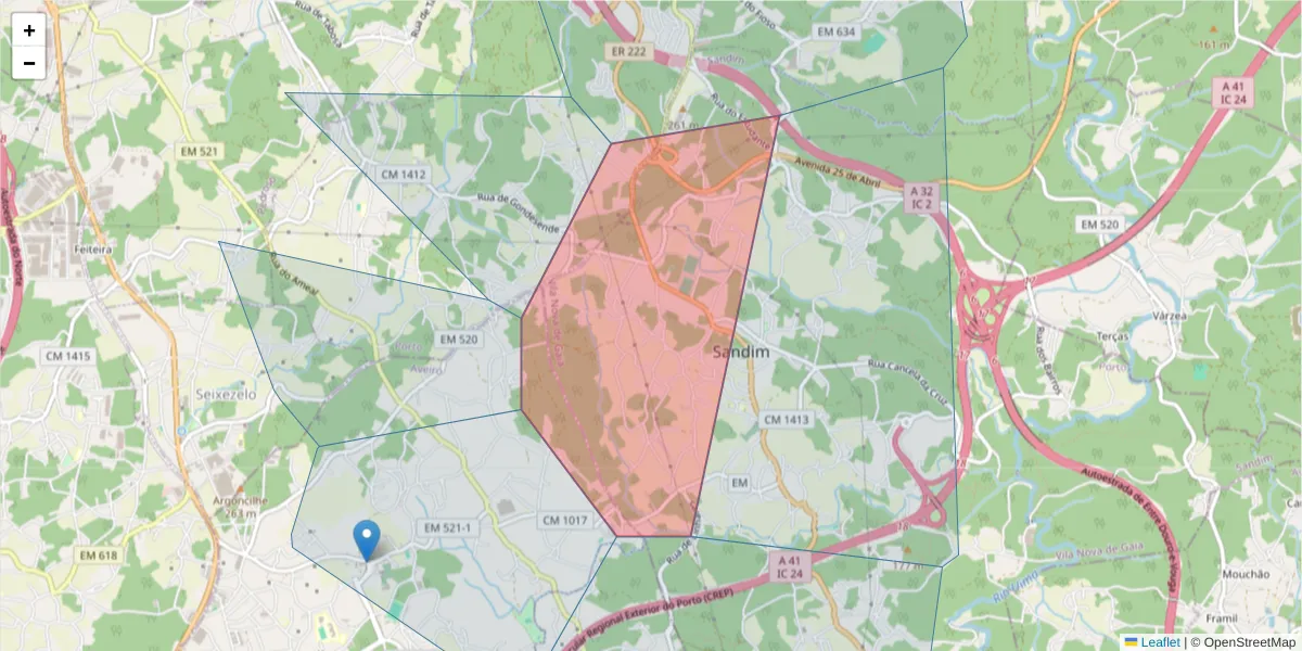 Mapa detalhado do código postal 4415-803 Sandim, Portugal com limites, códigos postais vizinhos e agências dos correios