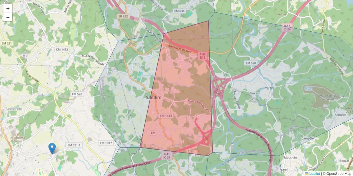Mapa detalhado do código postal 4415-887 com limites, códigos postais vizinhos e agências dos correios