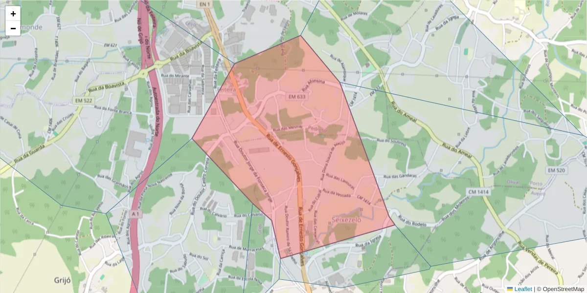 Mapa detalhado do código postal 4415-933 com limites, códigos postais vizinhos e agências dos correios