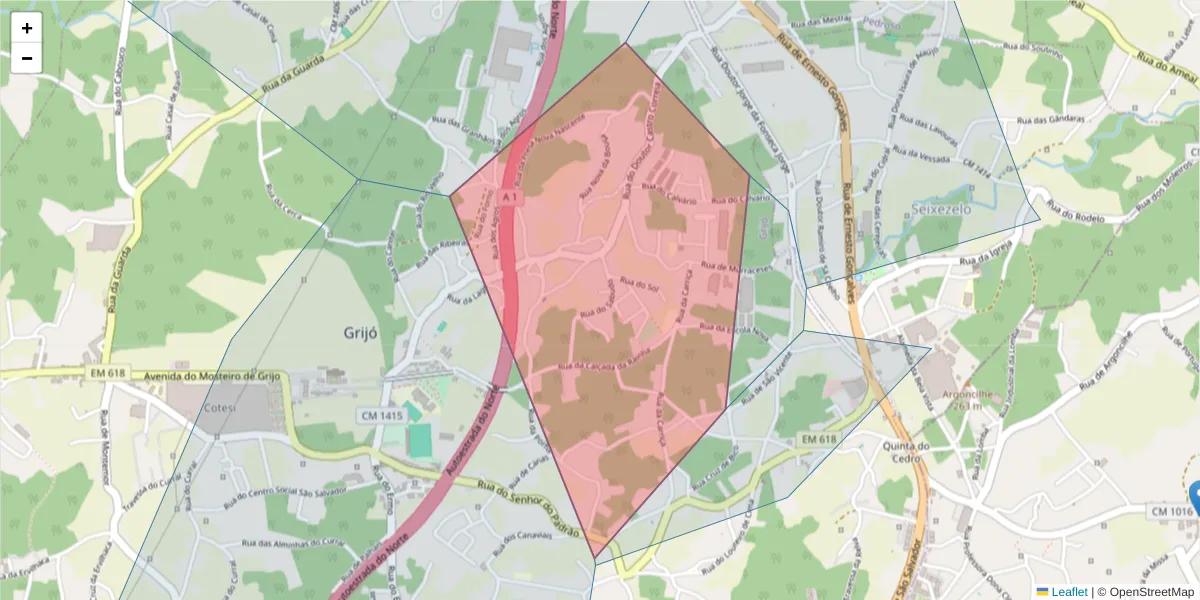 Mapa detalhado do código postal 4416-901 com limites, códigos postais vizinhos e agências dos correios