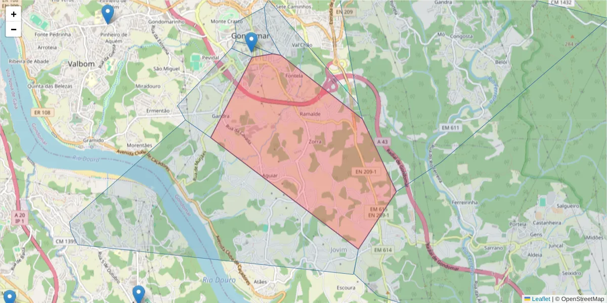 Mapa detalhado do código postal 4420-307 com limites, códigos postais vizinhos e agências dos correios
