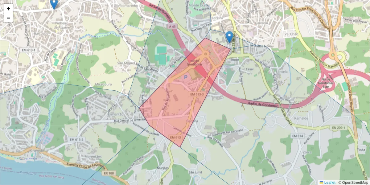 Mapa detalhado do código postal 4420-335 com limites, códigos postais vizinhos e agências dos correios