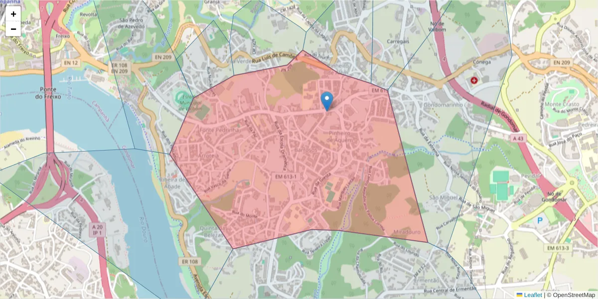 Mapa detalhado do código postal 4420-435 com limites, códigos postais vizinhos e agências dos correios