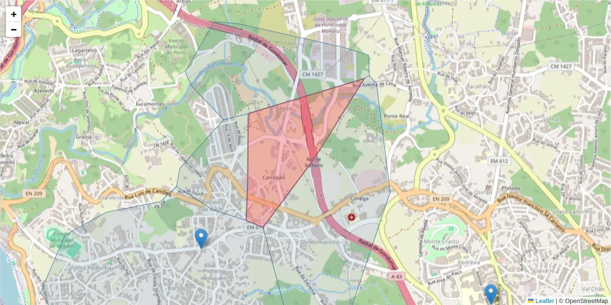 Mapa detalhado do código postal 4420-490 com limites, códigos postais vizinhos e agências dos correios