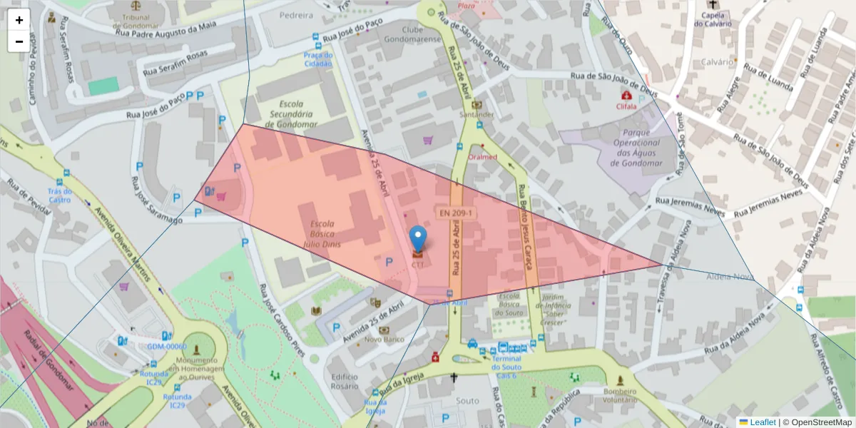 Mapa detalhado do código postal 4420-999 com limites, códigos postais vizinhos e agências dos correios