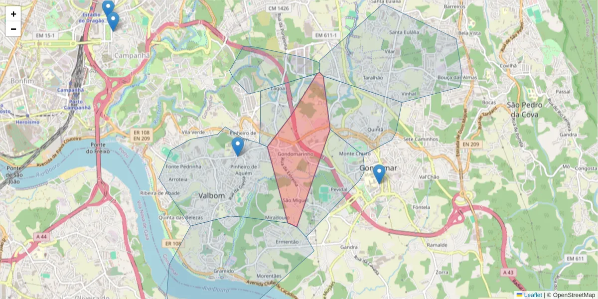 Mapa detalhado do código postal 4420 com limites, códigos postais vizinhos e agências dos correios