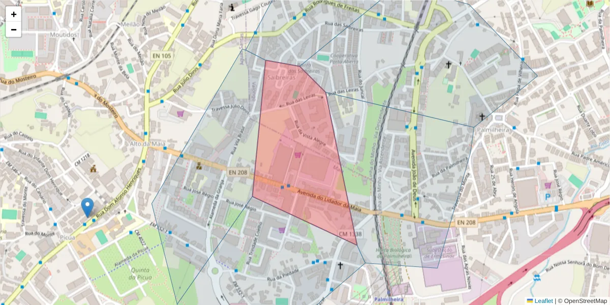 Mapa detalhado do código postal 4425-037 com limites, códigos postais vizinhos e agências dos correios