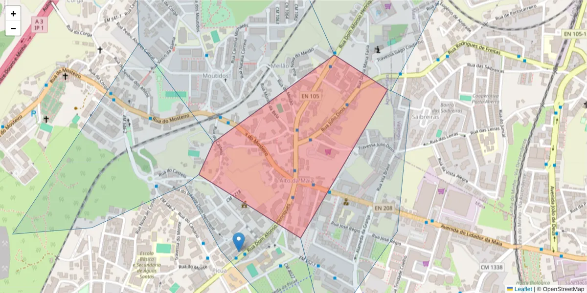 Mapa detalhado do código postal 4425-140 com limites, códigos postais vizinhos e agências dos correios