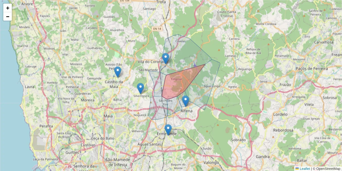 Mapa detalhado do código postal 4425-321 com limites, códigos postais vizinhos e agências dos correios