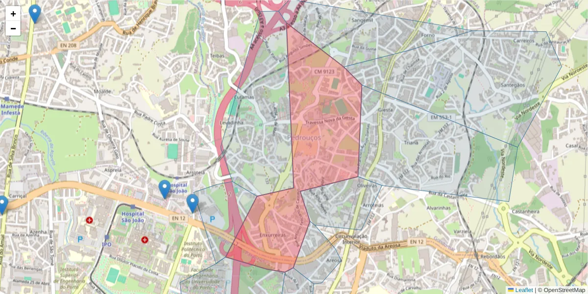 Mapa detalhado do código postal 4425-653 com limites, códigos postais vizinhos e agências dos correios