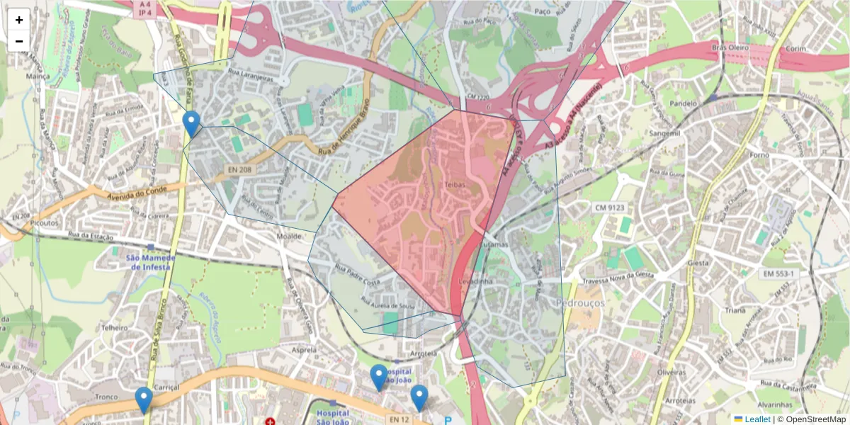 Mapa detalhado do código postal 4425-656 com limites, códigos postais vizinhos e agências dos correios