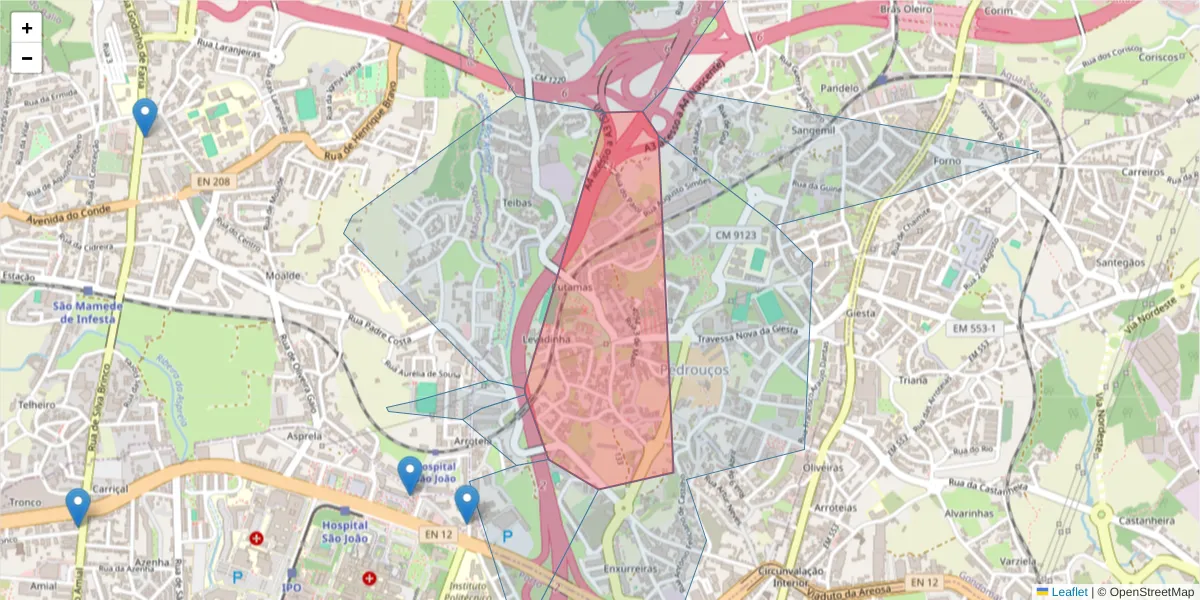 Mapa detalhado do código postal 4425-687 com limites, códigos postais vizinhos e agências dos correios