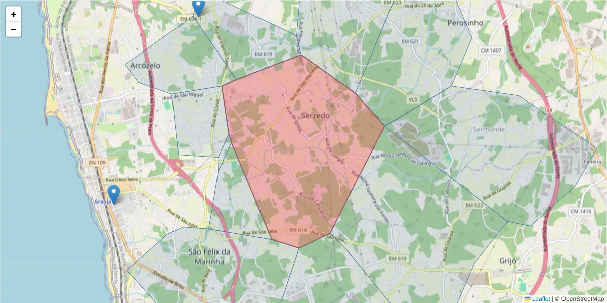 Mapa detalhado do código postal 4430-021 com limites, códigos postais vizinhos e agências dos correios