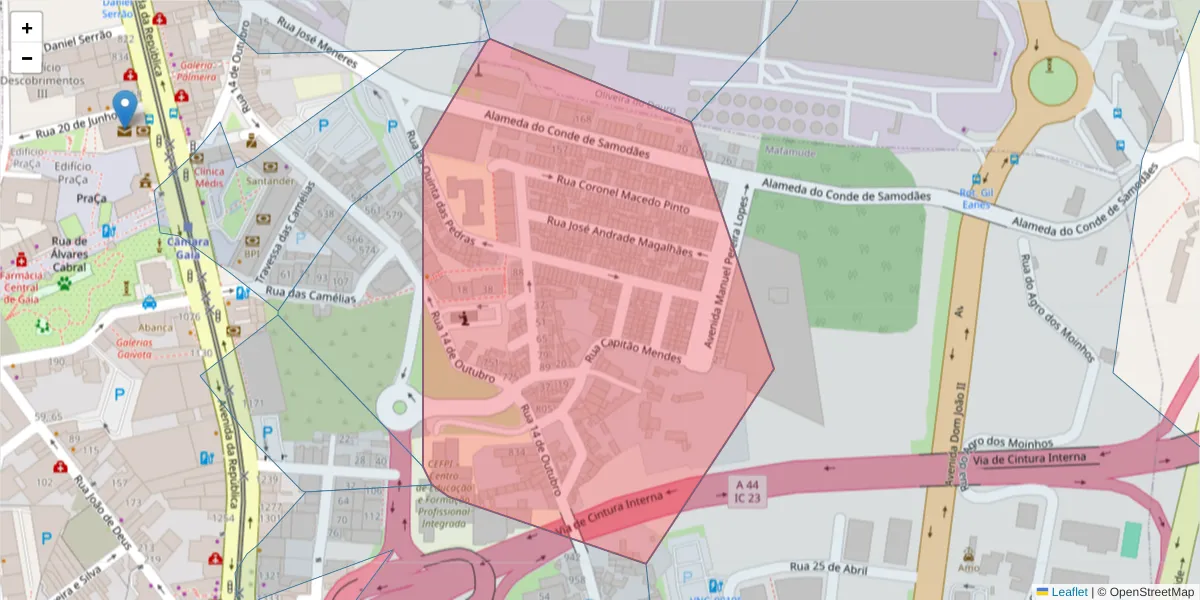 Mapa detalhado do código postal 4430-037 com limites, códigos postais vizinhos e agências dos correios