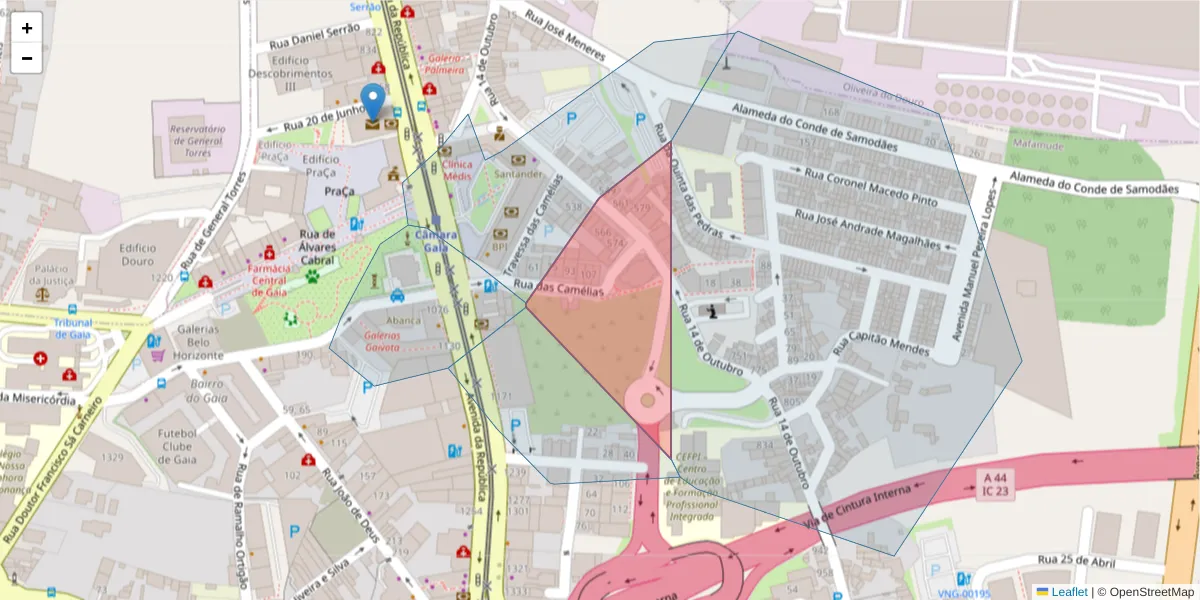 Mapa detalhado do código postal 4430-038 com limites, códigos postais vizinhos e agências dos correios