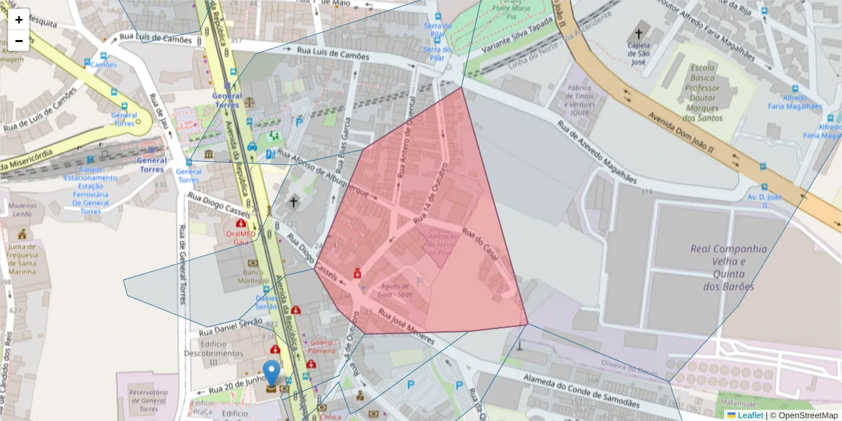 Mapa detalhado do código postal 4430-046 com limites, códigos postais vizinhos e agências dos correios