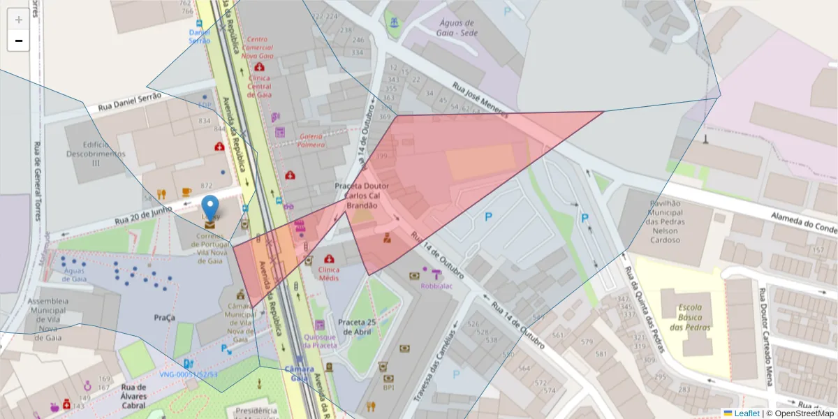 Mapa detalhado do código postal 4430-047 com limites, códigos postais vizinhos e agências dos correios