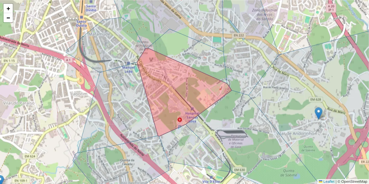 Mapa detalhado do código postal 4430-066 com limites, códigos postais vizinhos e agências dos correios