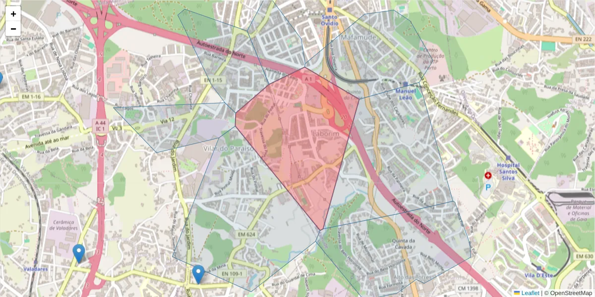 Mapa detalhado do código postal 4430-071 com limites, códigos postais vizinhos e agências dos correios