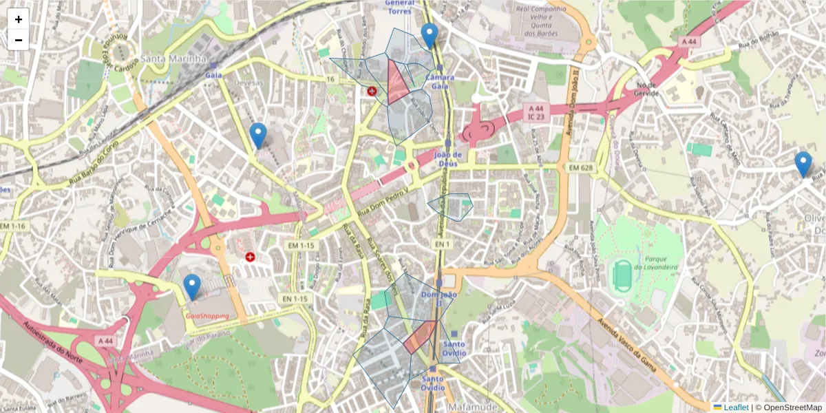 Mapa detalhado do código postal 4430-158 com limites, códigos postais vizinhos e agências dos correios