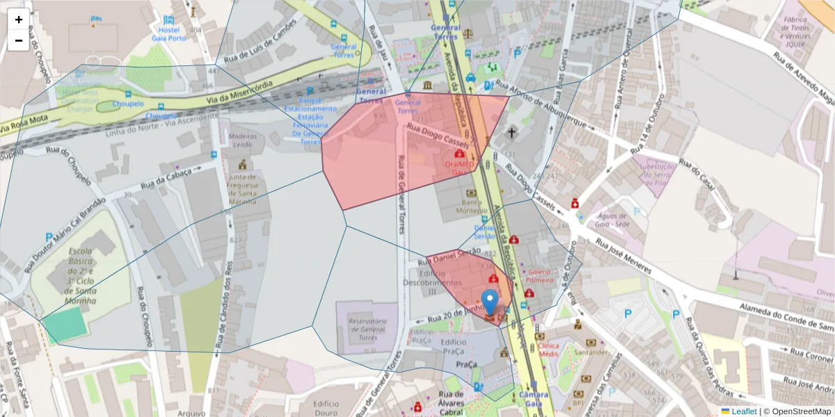 Mapa detalhado do código postal 4430-190 com limites, códigos postais vizinhos e agências dos correios