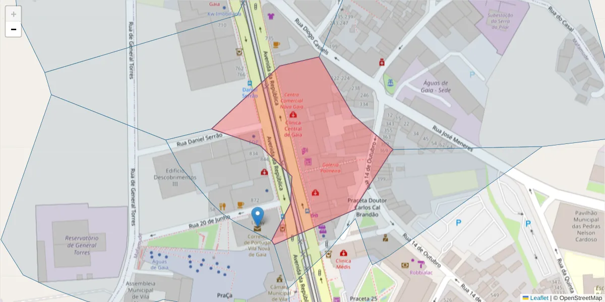 Mapa detalhado do código postal 4430-201 com limites, códigos postais vizinhos e agências dos correios