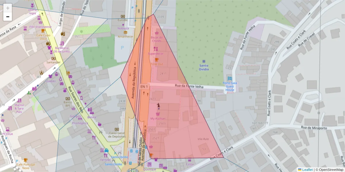 Mapa detalhado do código postal 4430-208 com limites, códigos postais vizinhos e agências dos correios
