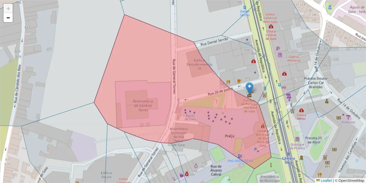 Mapa detalhado do código postal 4430-256 com limites, códigos postais vizinhos e agências dos correios